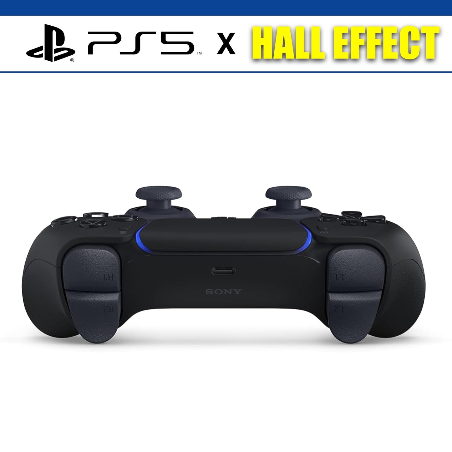 Ein schwarzer PS5-Controller mit dem Schriftzug "PS5 x Half Effect" als Banner über dem Controller.