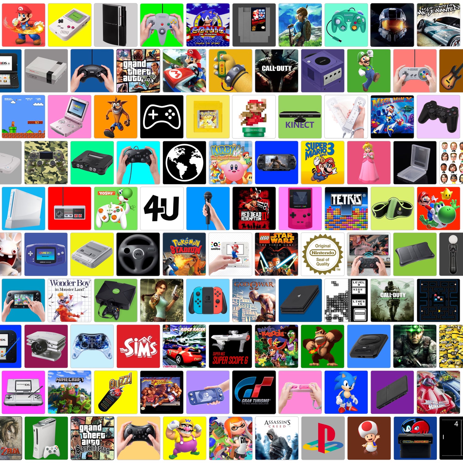 Collage aus zahlreichen Videospielkonsolen, Controllern, Spielen und Charakteren aus verschiedenen Jahrzehnten. Zu sehen sind unter anderem Mario, Sonic, Link, Kirby, Donkey Kong, sowie Konsolen wie PlayStation, Nintendo Switch, NES, GameCube, Xbox und Game Boy. Auch bekannte Spiele wie Grand Theft Auto, Call of Duty, Minecraft, Pokémon und Tetris sind dargestellt.