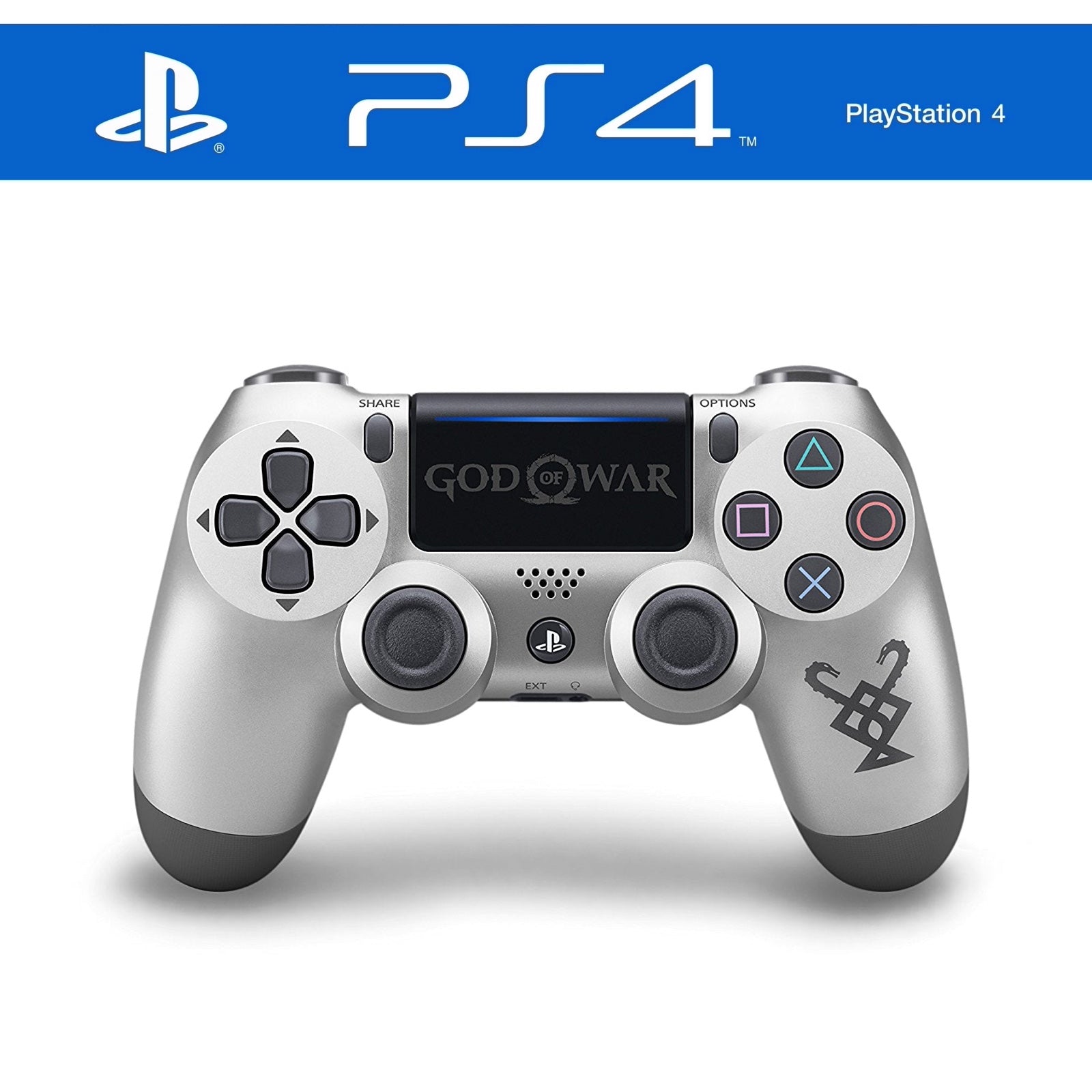 Silberner Sony PlayStation 4-Controller mit God of War Logo und ergonomischem Design und reaktionsschnellen Tasten für ein verbessertes Spielerlebnis.